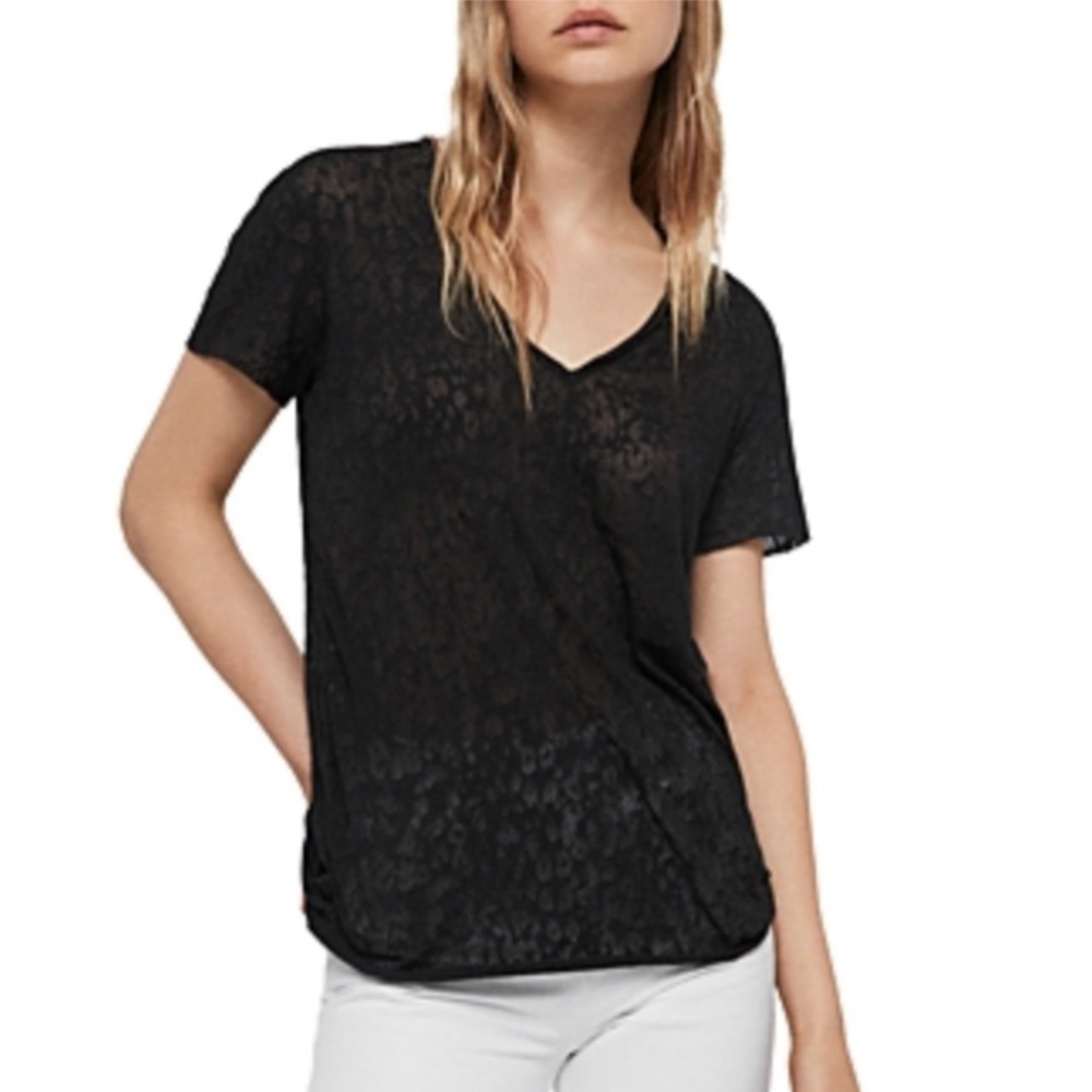 Nwt All Saints Emelyn Leo Burnout V-neck Tee Black